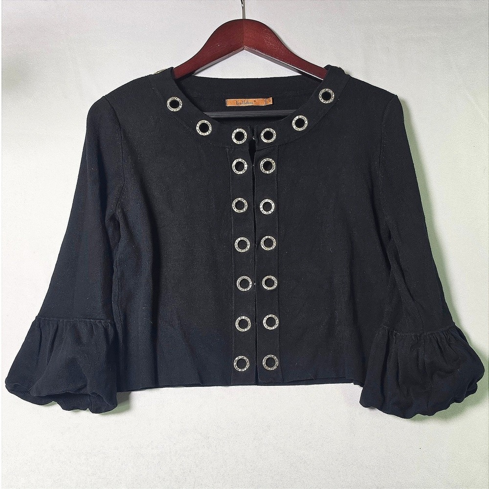 Belldini Black Rhinestone Grommet Cropped Cardigan Bell Sleeve Knit Sweater M